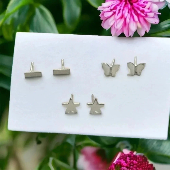 Silver Bohemian Mini Bar & Butterfly & Star Stud Earrings - Picture 10 of 12